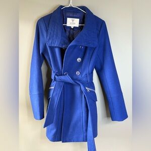 GUESS size XS.  Women's Royal Blue Belted PeaCoat. Button up front, belted, WOOL